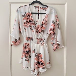 White and Coral Floral Romper
